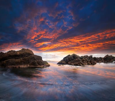 Sea and rock at the sunset. Nature composition for adv or others purpose use
