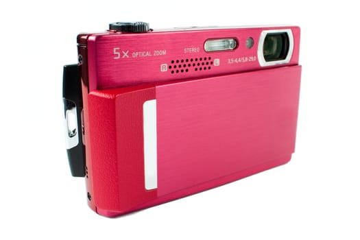 photo of the opened red compact photo camera isolated on white