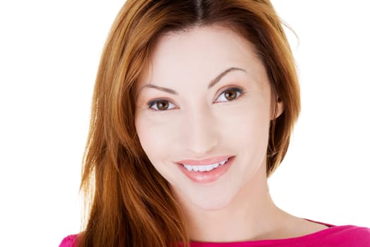 Portrait of happy middle aged woman over white background