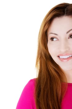 Happy woman looking left - isolated on white