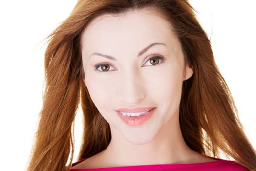 Portrait of happy middle aged woman over white background