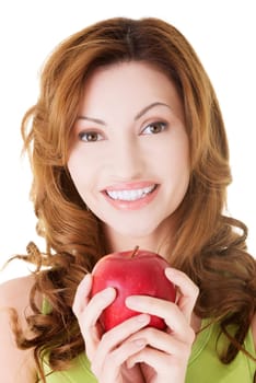 Beautiful woman with red fresh apple.