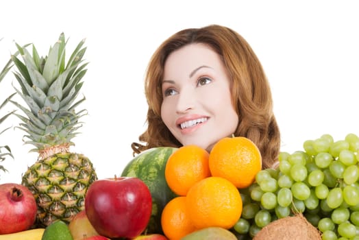 Beautiful woman with fruits, isolated on white