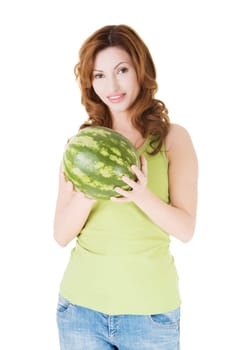 Happy woman with watermelon fruit, isolated on white