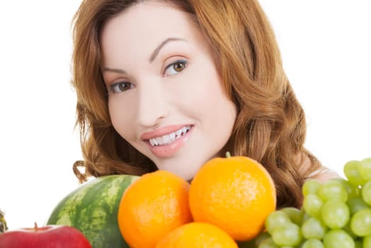Beautiful woman with fruits, isolated on white