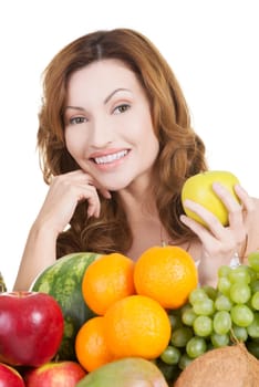 Beautiful woman with fruits, isolated on white