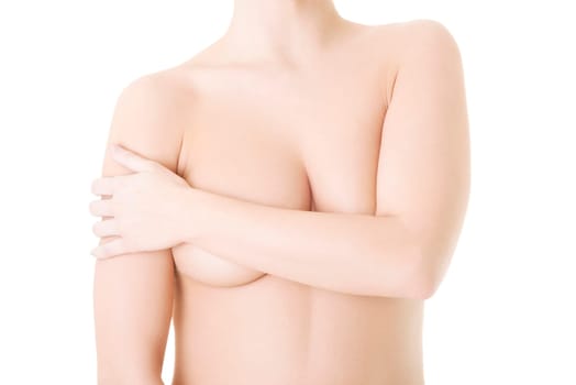 Beautiful fit topless woman, isolated on white