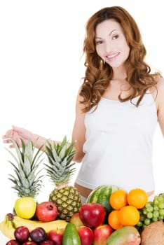 Beautiful woman with fruits, isolated on white