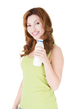 Happy woman with kefir, isolated on white