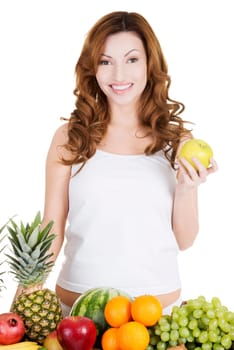 Beautiful woman with fruits, isolated on white