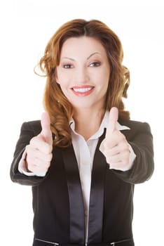 Happy smiling business woman with thumbs up, ok gesture