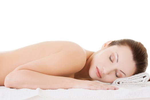 Beauty woman relaxing in spa. Isolated on white.