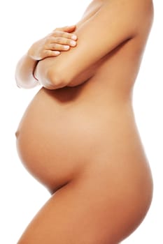 Pregnant woman body, over white background