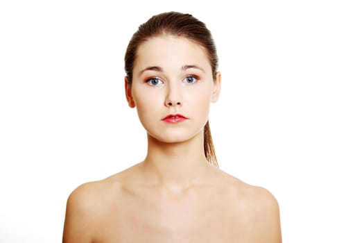 Beautiful teen woman's face with fresh clean skin - isolated on white background