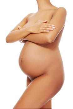 Pregnant woman body, over white background