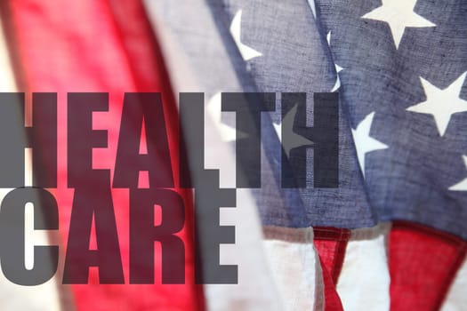 the words health care seen over an American flag