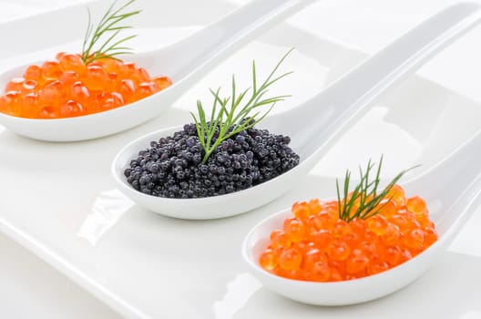 Red and black caviar on porcelain spoons