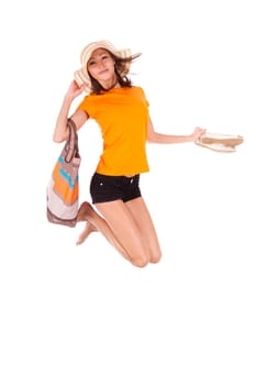 Young beautiful asian woman jumping of joy, isolated on white background - Asian people