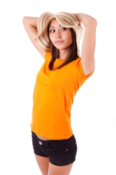 Portrait of a young beautiful asian woman in summer clothes isolated on white background - Asian people