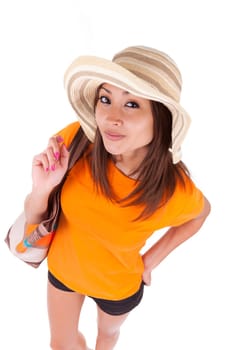 Portrait of a young beautiful asian woman in summer clothes isolated on white background - Asian people