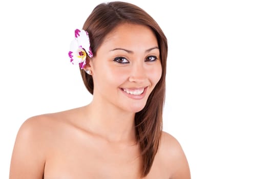 Headshot portrait of a young beautiful asian woman isolated on white background - Asian people