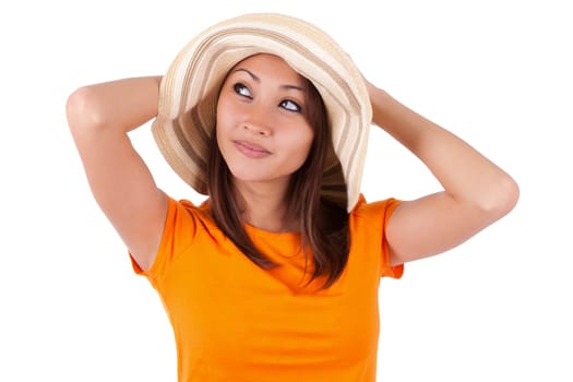 Portrait of a young beautiful asian woman in summer clothes isolated on white background - Asian people
