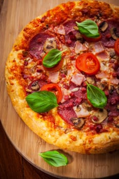 Homemade traditional pizza with salami and mushrooms