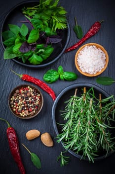 Herbs and spices on black background