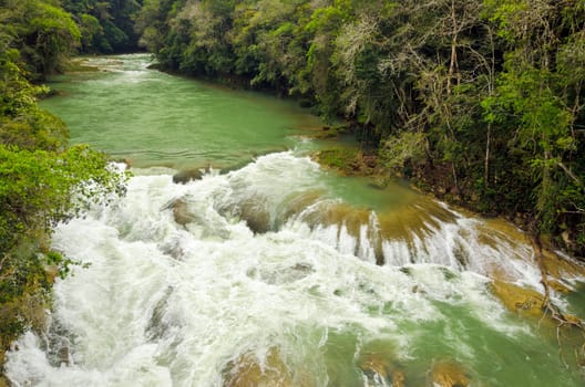 Rapids of a green river in the wilderness of Chiapas, Mexico