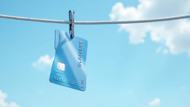 A blue credit card is hanging on a clothesline. The card is torn and has a watermark on it. Concept of vulnerability and the idea that the card has been damaged or compromised