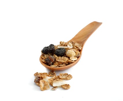 muesli with raisin, currant,  mix nut, coconut isolated on white background