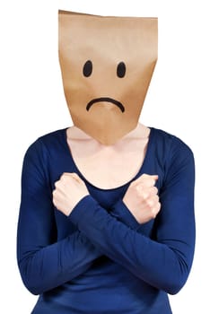 a sad looking person with hands on its body, isolated