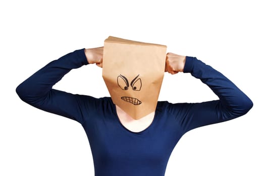 a person with a paper bag head punshing itself, isolated