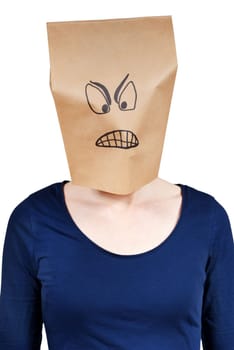 an angry looking person with paper bag head, isolated