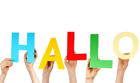people holding letters building the word hello, isolated