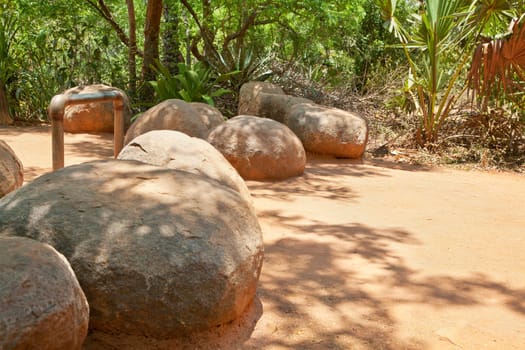 Landscape of the avenue trail leading up to visitors center at Auroville near pondicherry, tamil nadu india. Strategic boulders and bars prevent cyclists cyclist from entry