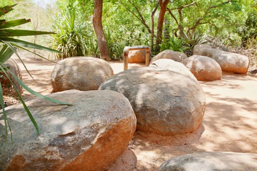 Landscape of the avenue trail leading up to visitors center at Auroville near pondicherry, tamil nadu india. Strategic boulders and bars prevent cyclists cyclist from entry