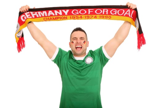 Football fan holding a Germany scarf in the air and apparently screaming