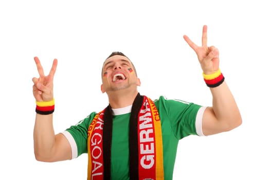 The photo shows a young football fan making the peace sign and apparently cheering