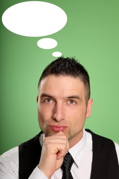 Portrait photo of an apparently thoughtful man with a speech bubble