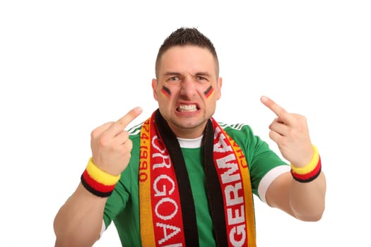 Portrait photo of an apparently aggressive fan who shows his stinky fingers directly into the camera and looks very angry.