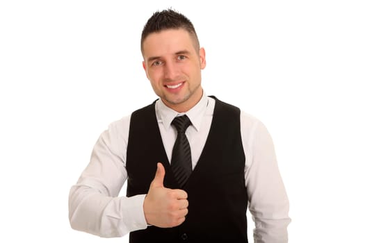 Portrait photo of young businessman showing thumbs up and smiling at camera