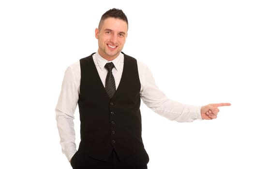 Businessman pointing with index finger to the side