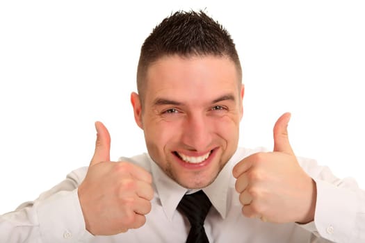 Portrait photo of a young man holding both thumbs up and smiling strongly