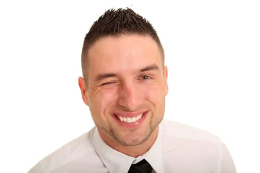 Portrait photo of a young man looking at the camera with a wink