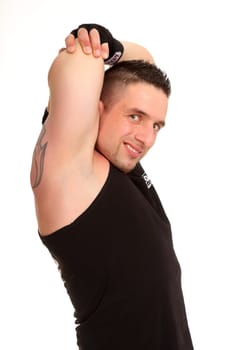 The photo shows a young athlete stretching while smiling into the cameo.