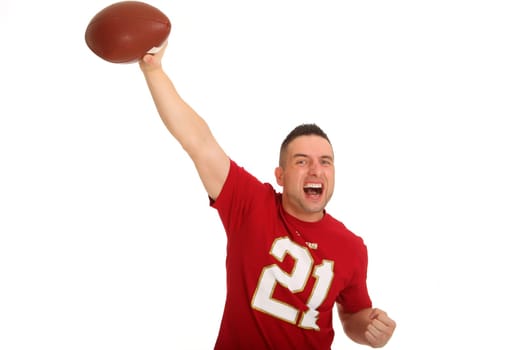 The photo shows a young man cheering strongly with a football