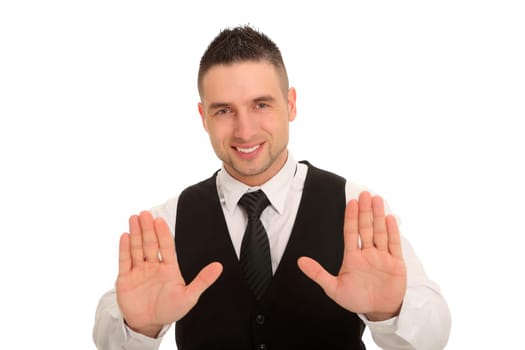 A young man holds both hands forward in a defensive posture and seems to want to stop someone