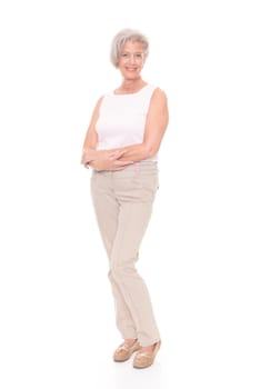 Full length shot of an elderly woman against a white background