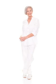 Full length shot of an elderly woman against a white background